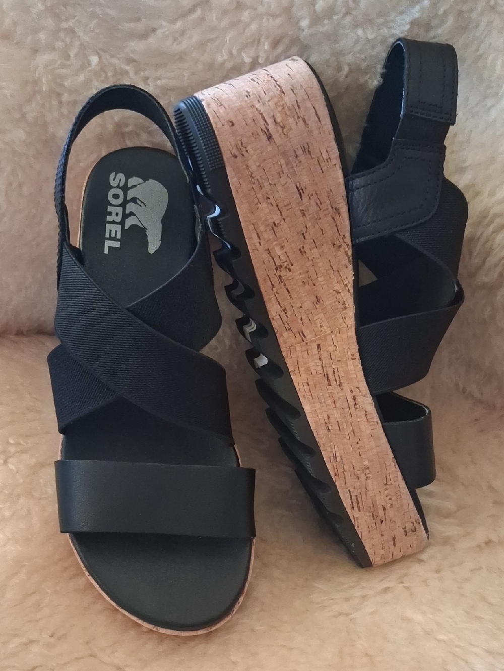 Cameron Sorel Black Cork Flatform Slingback Sandals Size 6.5